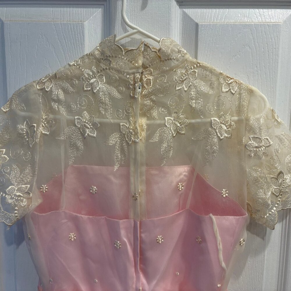 VTG 80s Party Tea Dress Women 5/6 Bridesmaid Chiffon Pink Cream Easter Prom - Picture 2 of 11
